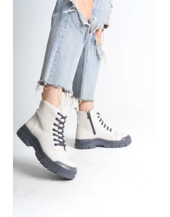 Bloom Bağcıklı Fermuarlı Ortopedik Tabankadın Bot  Gt - Krem