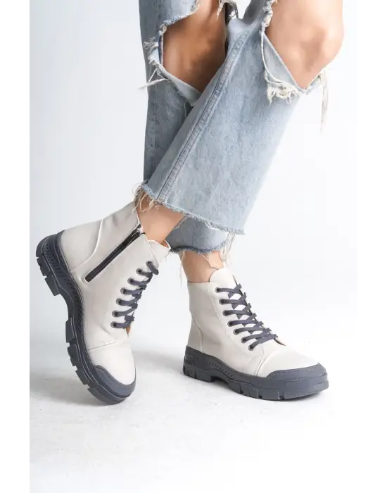 Bloom Bağcıklı Fermuarlı Ortopedik Tabankadın Bot  Gt - Krem