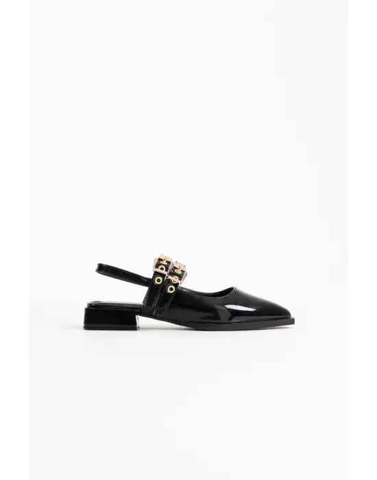 Blues Siyah Rugan Kemer Detaylı Kadın Topuklu Ayakkabı