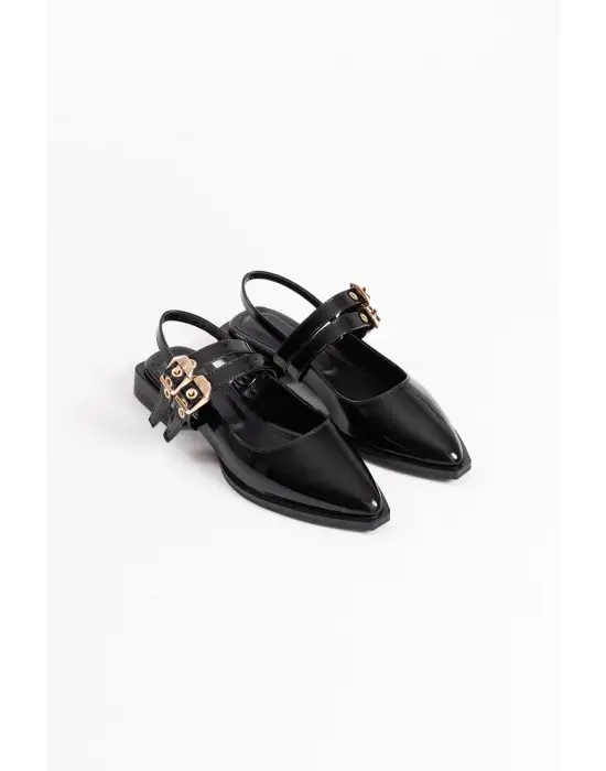 Blues Siyah Rugan Kemer Detaylı Kadın Topuklu Ayakkabı