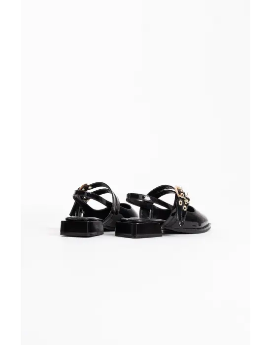 Blues Siyah Rugan Kemer Detaylı Kadın Topuklu Ayakkabı