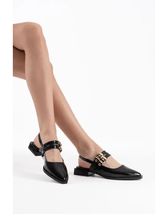 Blues Siyah Rugan Kemer Detaylı Kadın Topuklu Ayakkabı