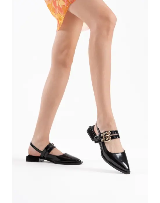 Blues Siyah Rugan Kemer Detaylı Kadın Topuklu Ayakkabı