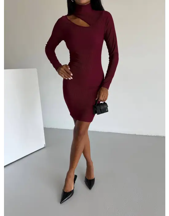 Boğazlı Gögüs Dekolteli Elbise Bordo F2333
