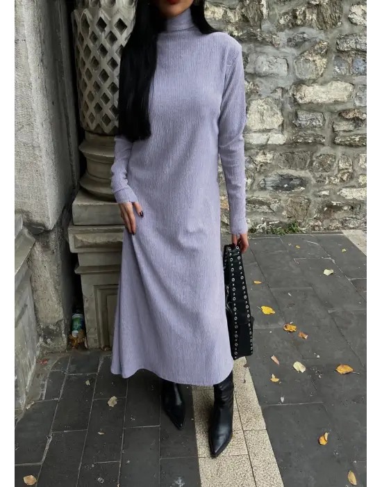 Boğazlı Kalın Bürümcük Uzun Elbise Gri