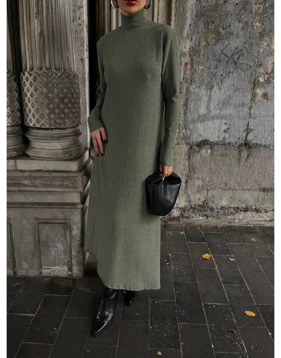 Boğazlı Kalın Bürümcük Uzun Elbise Yeşil