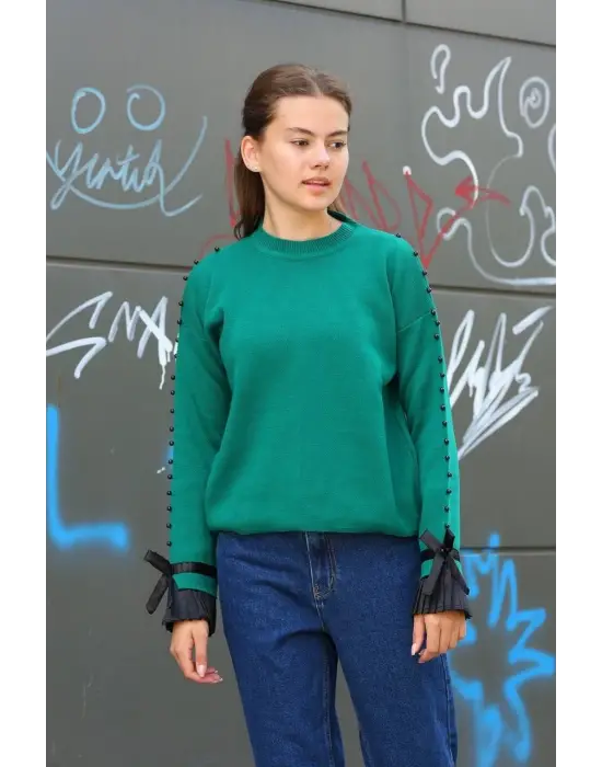 Boncuklu Bile Detaylı Kazak Petrol Yeşili