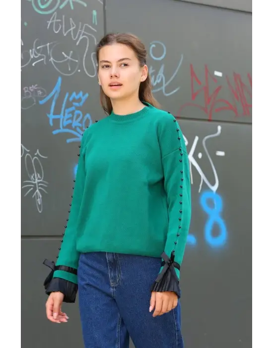 Boncuklu Bile Detaylı Kazak Petrol Yeşili