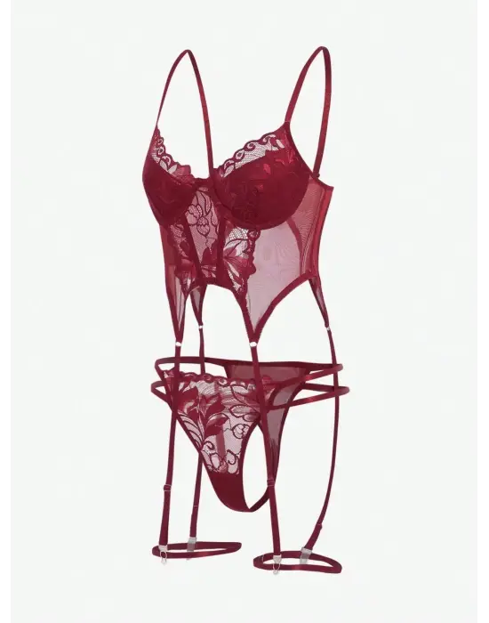 Bordo Babydoll İç Giyim Seti Bustiyer  ,külot , Bacak Bantları