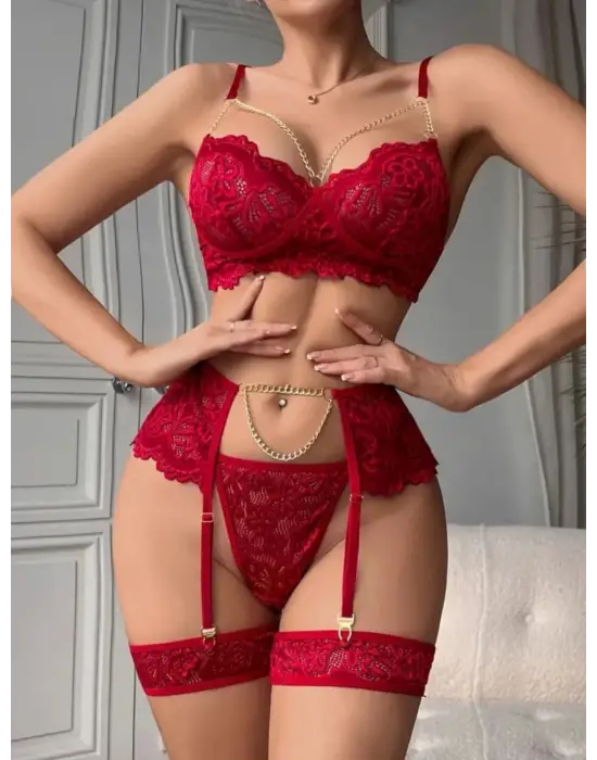 Bordo ,  Gold Zincirli Jartiyer Takımı