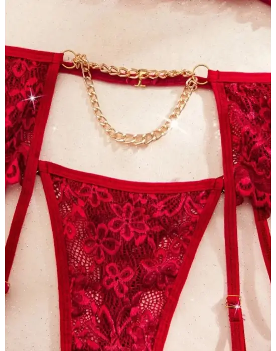 Bordo ,  Gold Zincirli Jartiyer Takımı