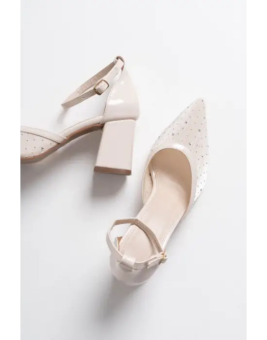 Borie Bej Tekstil Kumaş Taşlı Kadın Topuklu Ayakkabı