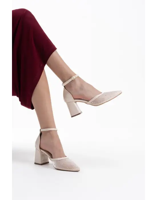 Borie Bej Tekstil Kumaş Taşlı Kadın Topuklu Ayakkabı