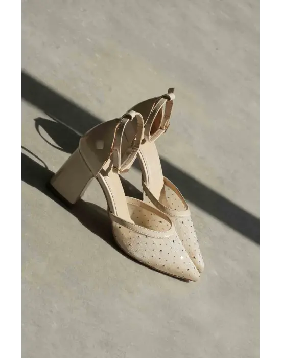 Borie Bej Tekstil Kumaş Taşlı Kadın Topuklu Ayakkabı