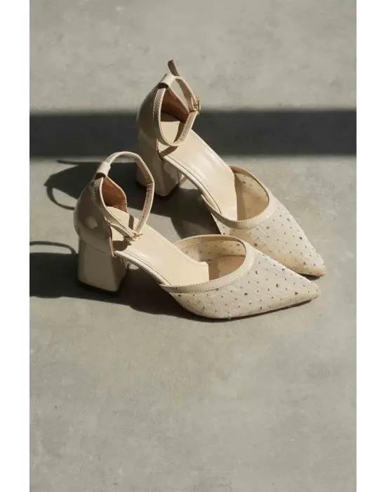 Borie Bej Tekstil Kumaş Taşlı Kadın Topuklu Ayakkabı