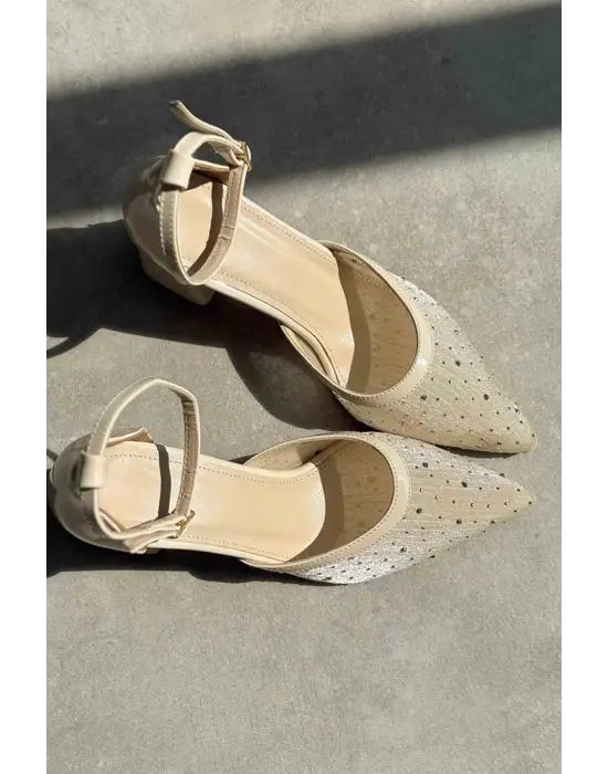 Borie Bej Tekstil Kumaş Taşlı Kadın Topuklu Ayakkabı