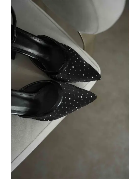 Borie Siyah Tekstil Kumaş Taşlı Kadın Topuklu Ayakkabı