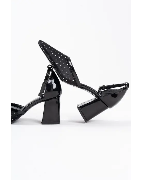 Borie Siyah Tekstil Kumaş Taşlı Kadın Topuklu Ayakkabı