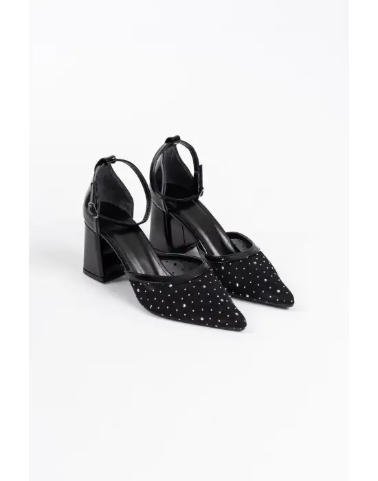 Borie Siyah Tekstil Kumaş Taşlı Kadın Topuklu Ayakkabı