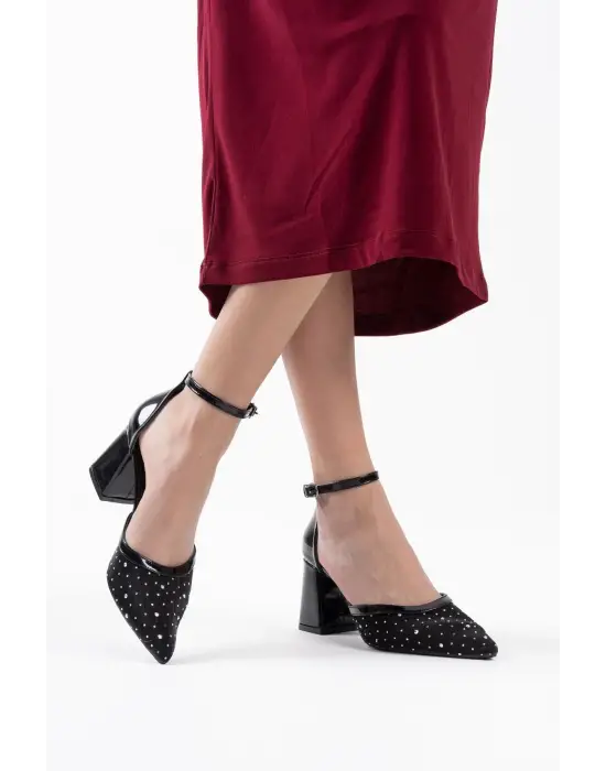 Borie Siyah Tekstil Kumaş Taşlı Kadın Topuklu Ayakkabı