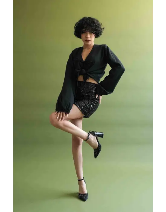 Borie Siyah Tekstil Kumaş Taşlı Kadın Topuklu Ayakkabı