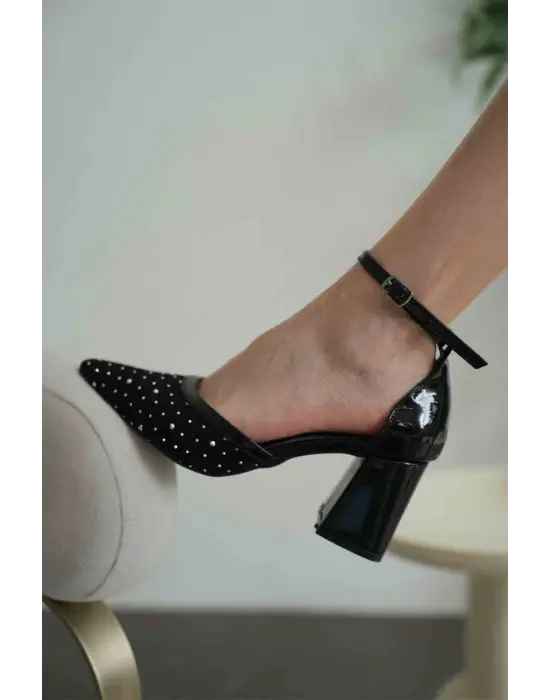 Borie Siyah Tekstil Kumaş Taşlı Kadın Topuklu Ayakkabı