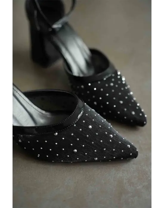 Borie Siyah Tekstil Kumaş Taşlı Kadın Topuklu Ayakkabı