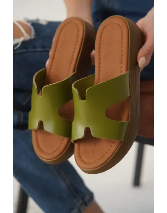 Borlina Haki Yeşil Hakiki Deri Terlik