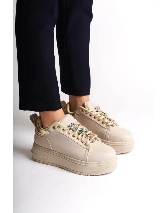 Brıanna Bağcıklı Ortopedik Taban Renkli Taş Dekorlu Kadın Sneaker Spor Ayakkabı  Ckt - Krem/altın