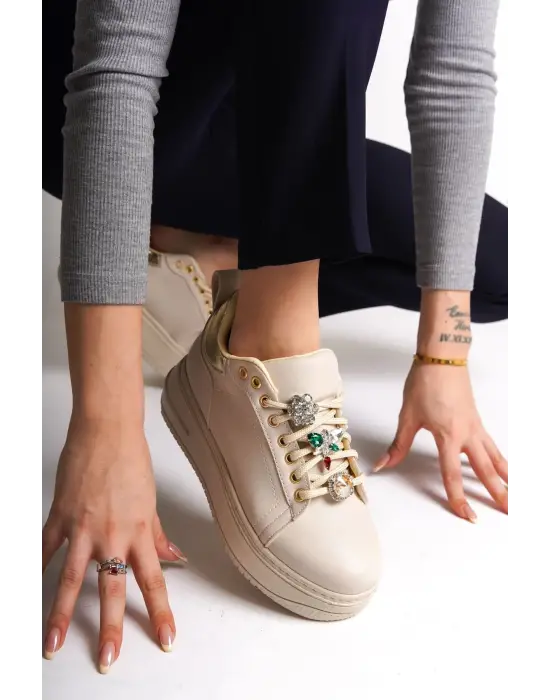 Brıanna Bağcıklı Ortopedik Taban Renkli Taş Dekorlu Kadın Sneaker Spor Ayakkabı  Ckt - Krem/altın