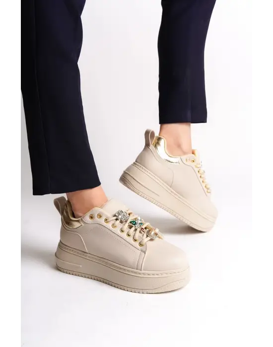 Brıanna Bağcıklı Ortopedik Taban Renkli Taş Dekorlu Kadın Sneaker Spor Ayakkabı  Ckt - Krem/altın