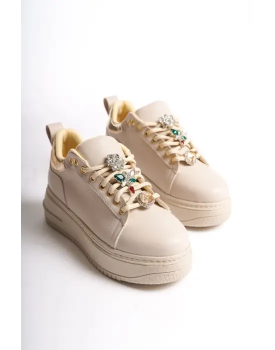 Brıanna Bağcıklı Ortopedik Taban Renkli Taş Dekorlu Kadın Sneaker Spor Ayakkabı  Ckt - Krem/altın