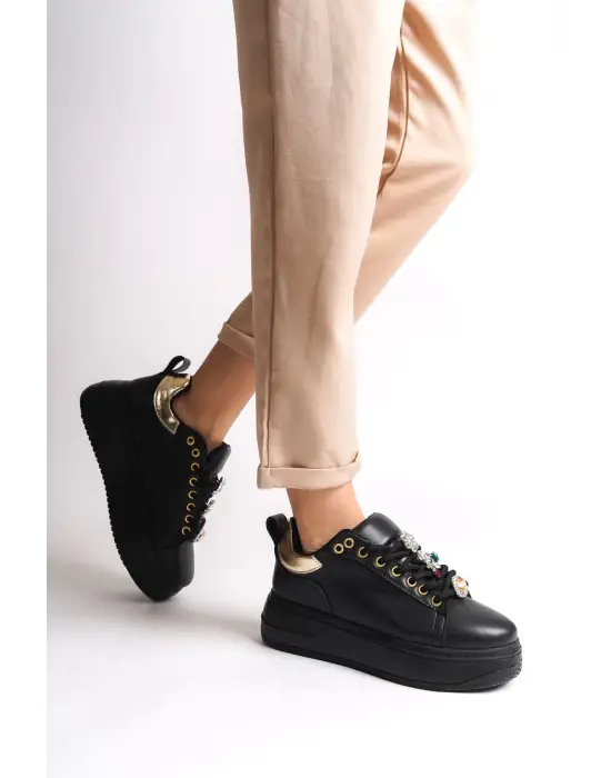 Brıanna Bağcıklı Ortopedik Taban Renkli Taş Dekorlu Kadın Sneaker Spor Ayakkabı St - Siyah/altın