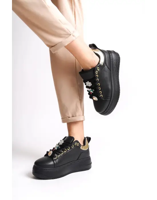 Brıanna Bağcıklı Ortopedik Taban Renkli Taş Dekorlu Kadın Sneaker Spor Ayakkabı St - Siyah/altın