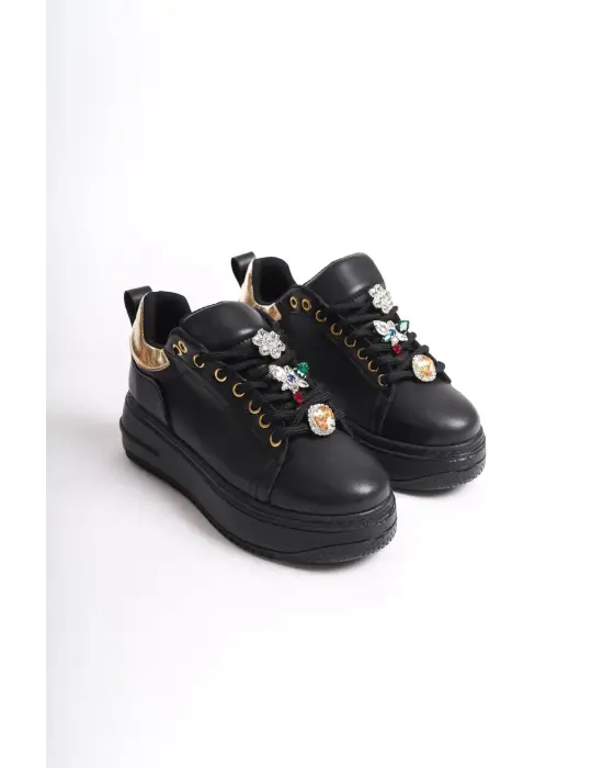 Brıanna Bağcıklı Ortopedik Taban Renkli Taş Dekorlu Kadın Sneaker Spor Ayakkabı St - Siyah/altın