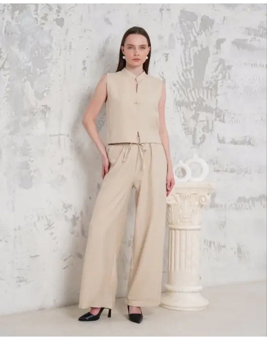 Broşlu Yelek Pantolon Takım Bej S255821