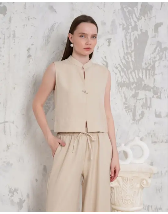 Broşlu Yelek Pantolon Takım Bej S255821