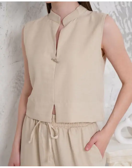 Broşlu Yelek Pantolon Takım Bej S255821