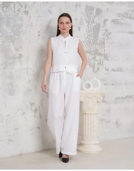 Broşlu Yelek Pantolon Takım Beyaz S255821