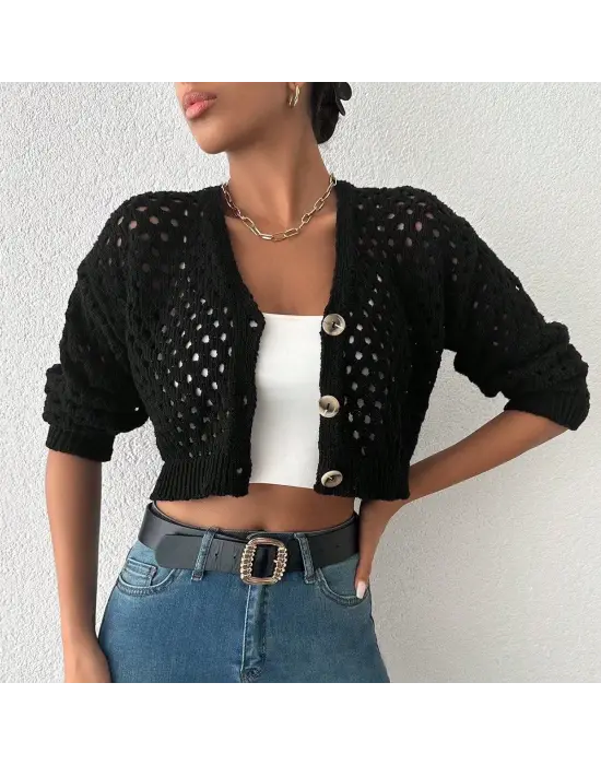 Büyük Düğmeli Delikli Hırka Siyah