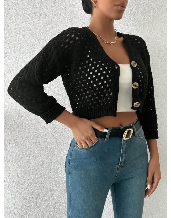 Büyük Düğmeli Delikli Hırka Siyah