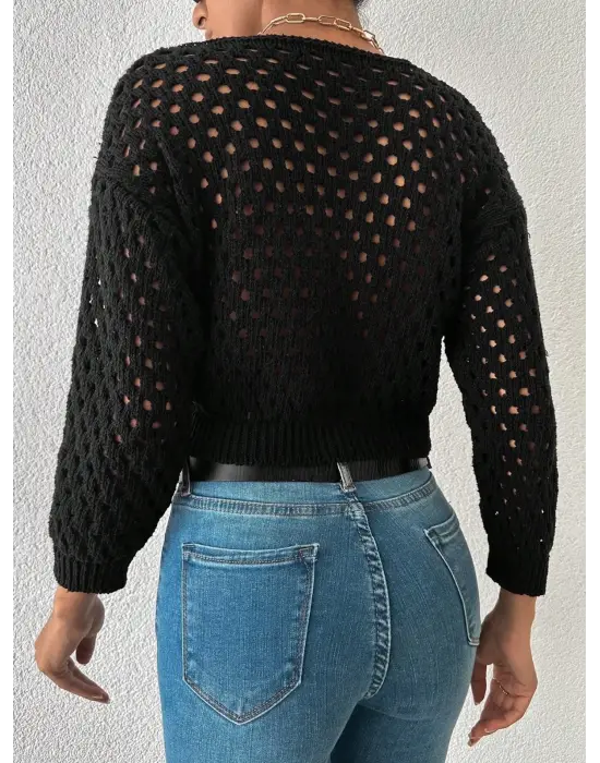 Büyük Düğmeli Delikli Hırka Siyah