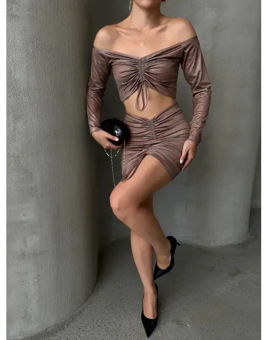 Büzgülü Etek Bluz Takım Kahve S24709