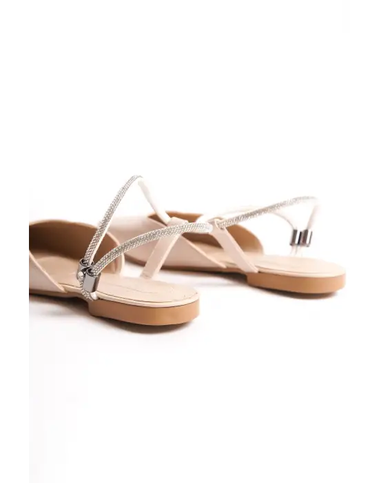 Carolıne Lastikli Ortopedik Rahat Taban Bilekten Taş Detaylı Kadın Babet Ayakkabı  Kt - Krem