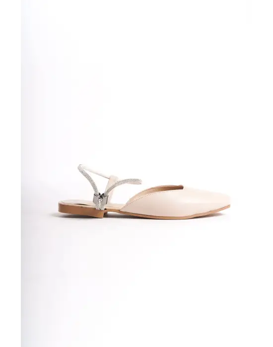 Carolıne Lastikli Ortopedik Rahat Taban Bilekten Taş Detaylı Kadın Babet Ayakkabı  Kt - Krem