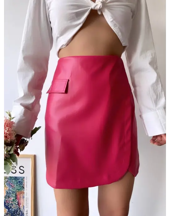 Cep Detaylı Oval Kapaklı Deri Etek Fuşya H240048
