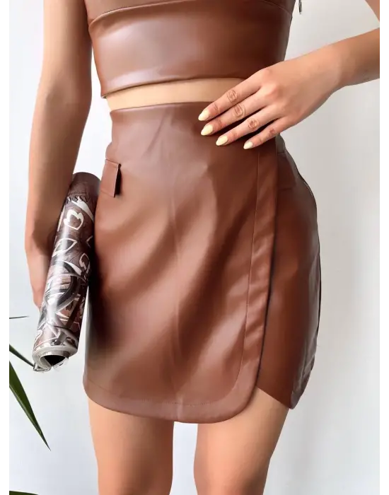 Cep Detaylı Oval Kapaklı Deri Etek Kahve H240048