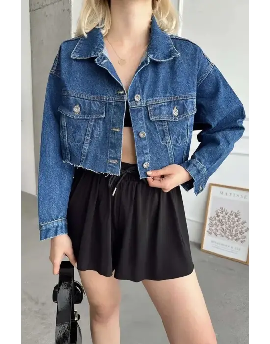 Cepli Kısa Kot Ceket Mavi