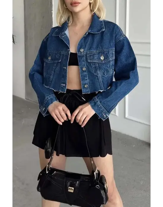 Cepli Kısa Kot Ceket Mavi