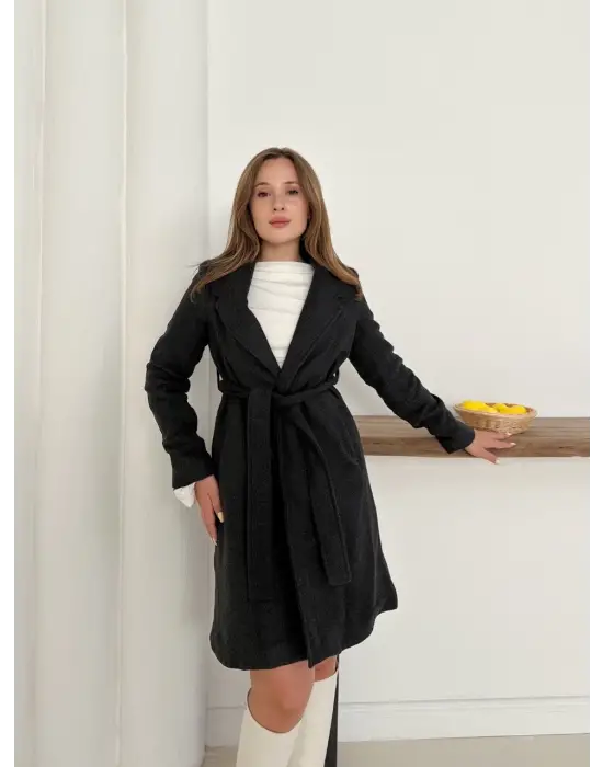 Cepli Kuşaklı Kaşe Kaban Antrasit St26458